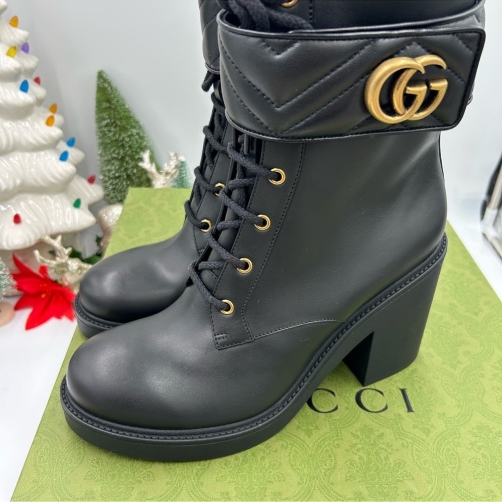 Gucci women’s GG Marmont matelasse leather black heel boots size 41 fits 10 US